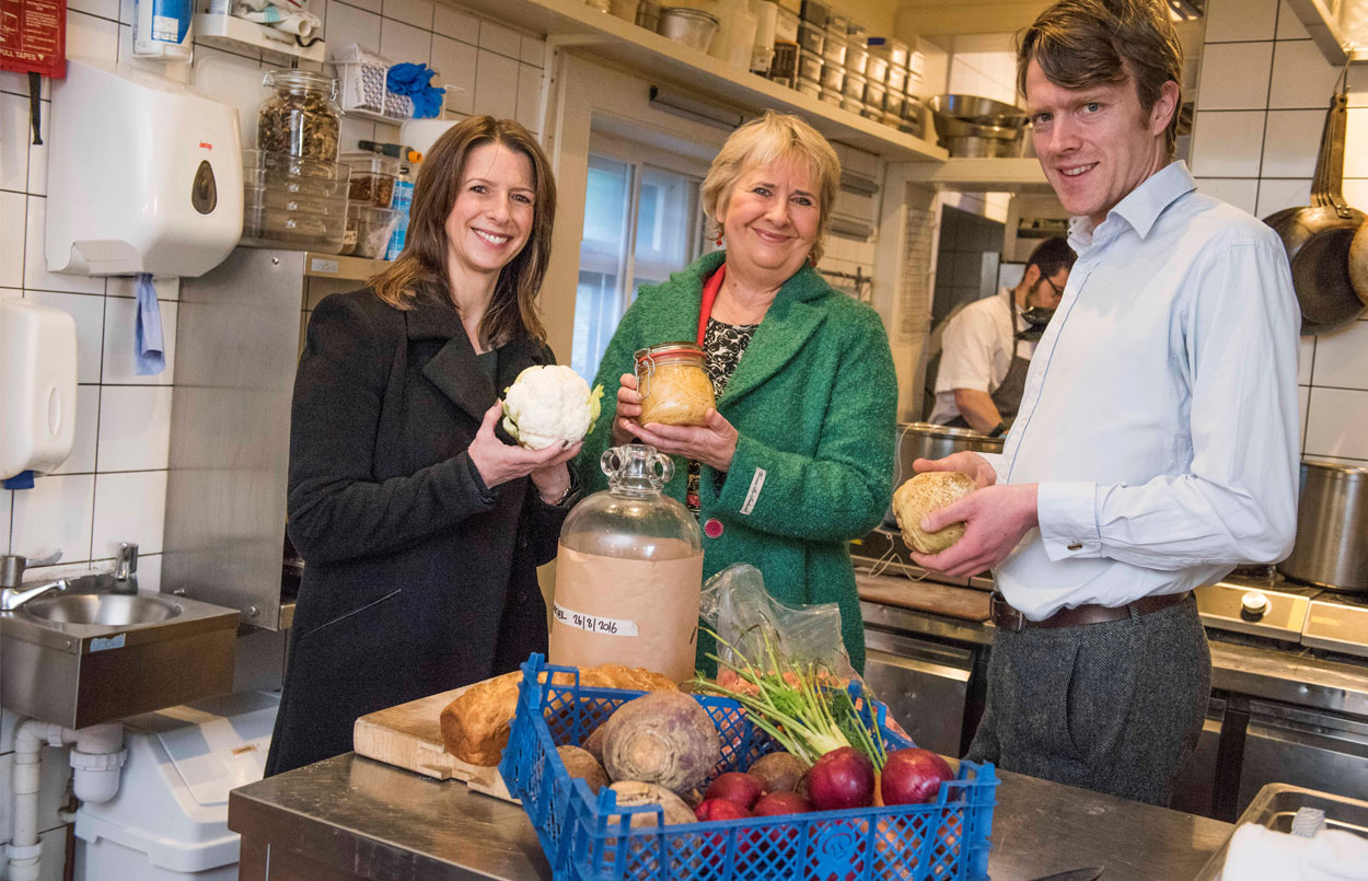Photo of the Cabinet Secretary for Environment Roseanna Cunningham meeting with Marissa Lippiatt, Head of Resource Efficiency at Zero Waste Scotland and Edward Murray, Chef and Co-Owner of Gardner’s Cottage – a sustainable restaurant in Edinburgh